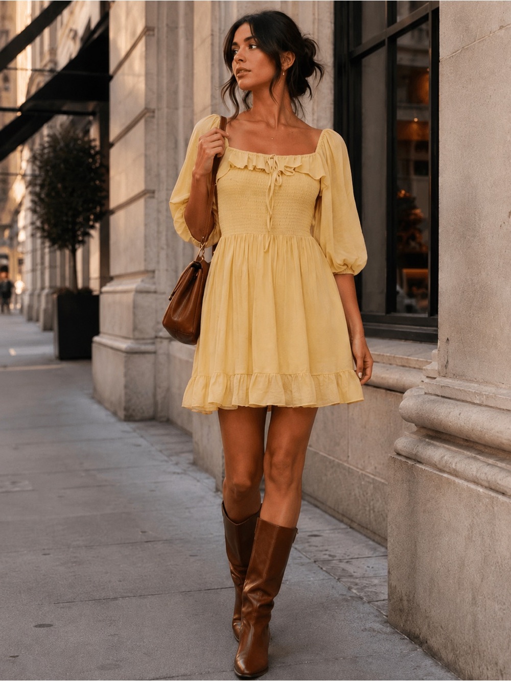 Yellow Smocked Square Neck Mini Dress
